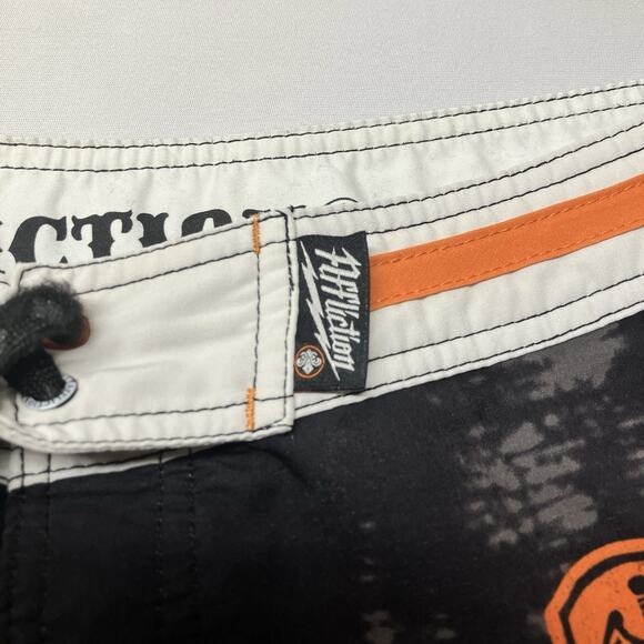 Affliction Board Shorts Black Orange Distressed Patches Swim Trunks Size 36 - Picture 3 of 16